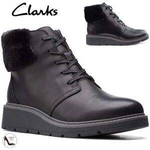 Clarks Andie Go Fur Lace-Up Black Leather Ankle Boots Casual Winter Booties 7.5